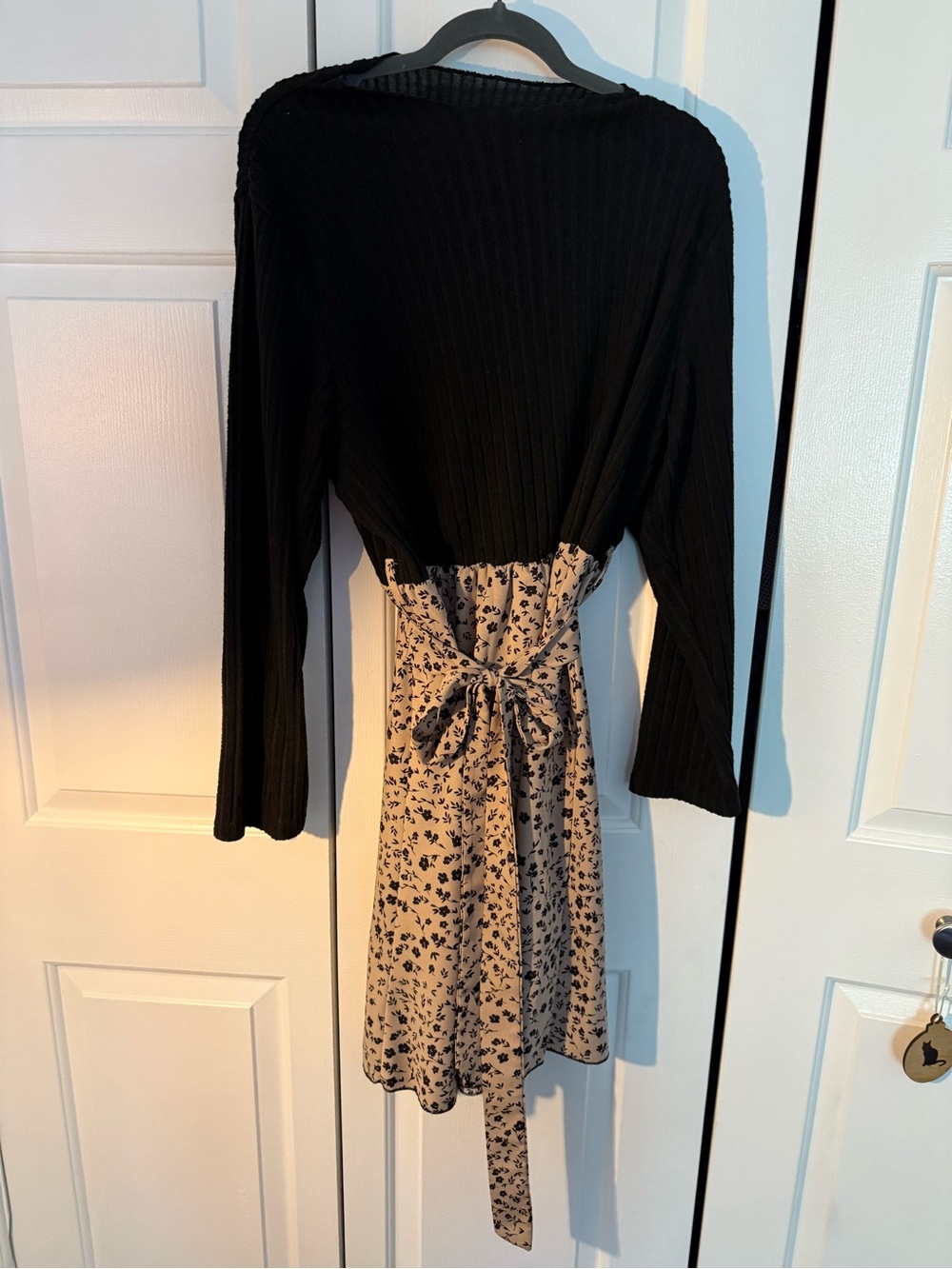 SHEIN Black Ribbed Top with Beige Floral Skirt Tie-Back Dress